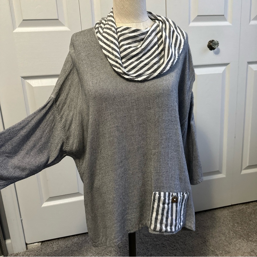 Dairi Fashion Cowl Neck Gray Striped Pocket Lagenlook Moroccan Top One Size